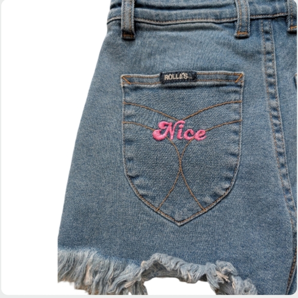 Rolla's Hightails High Rise Denim Shorts Embroidered Banana Beach Size 26/8 - Picture 10 of 13